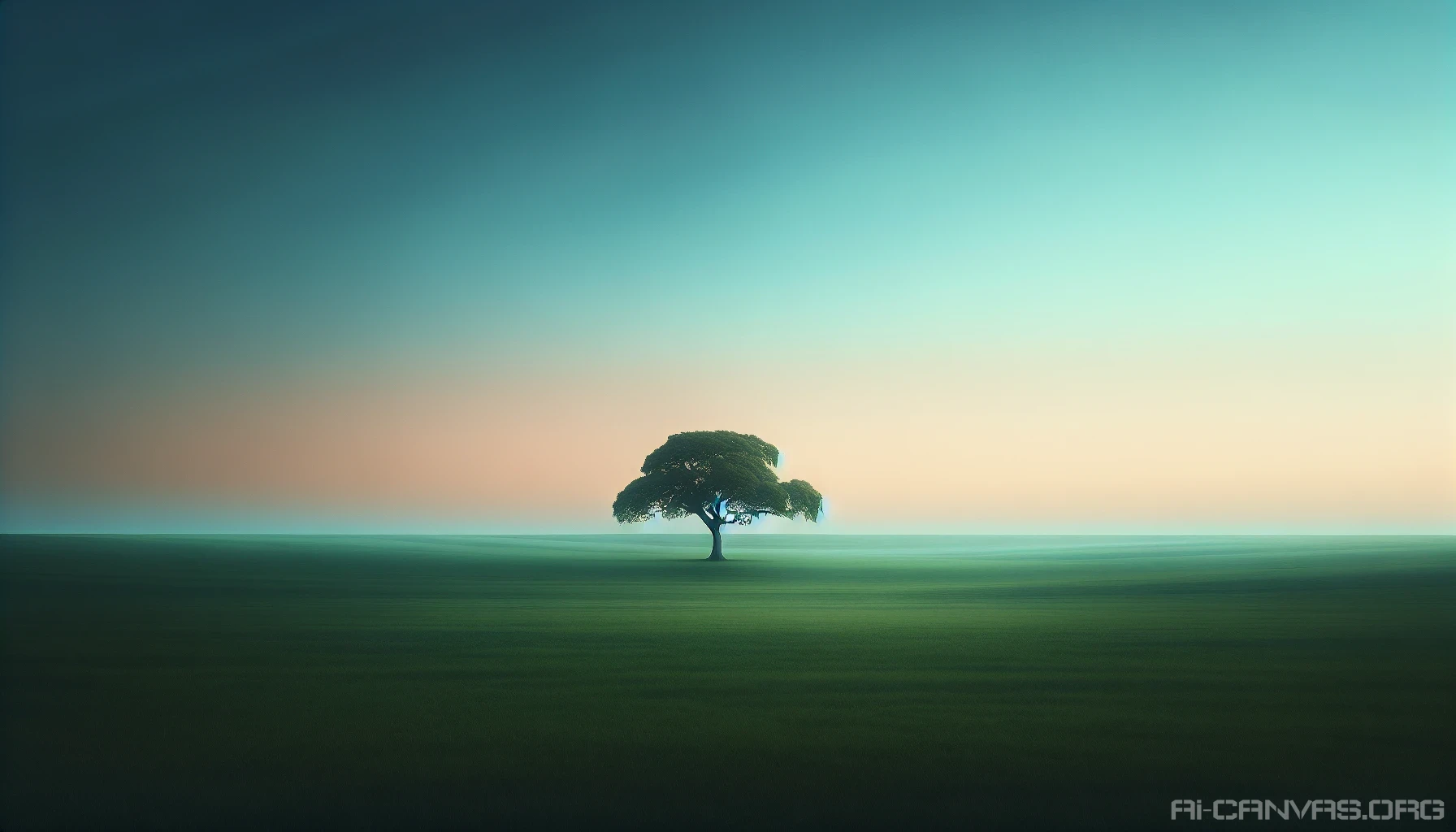 Create an image that embodies the essence of minimalist photography, featuring a tranquil landscape with a single, majestic tree standing alone on a vast, empty field. The sky should be a soft gradient of pastel hues, while the earth is a gentle, muted green. The composition should evoke a sense of calm and simplicity, inviting the viewer to reflect on the beauty of solitude and open space.