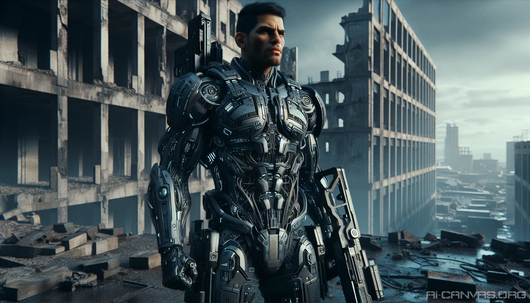 Futuristic Soldier in Power Armor  
Amidst a desolate urban landscape, a formidable futuristic soldier stands tall in sleek power armor, glistening under the pale moonlight. The armor, adorned with intricate circuitry and pulsating energy lines, reflects both strength and advanced technology. With a high-tech weapon slung across his back and a visor that glows ominously, he surveys his surroundings, ready to engage in battle against unseen foes lurking in the shadows of a crumbling city.