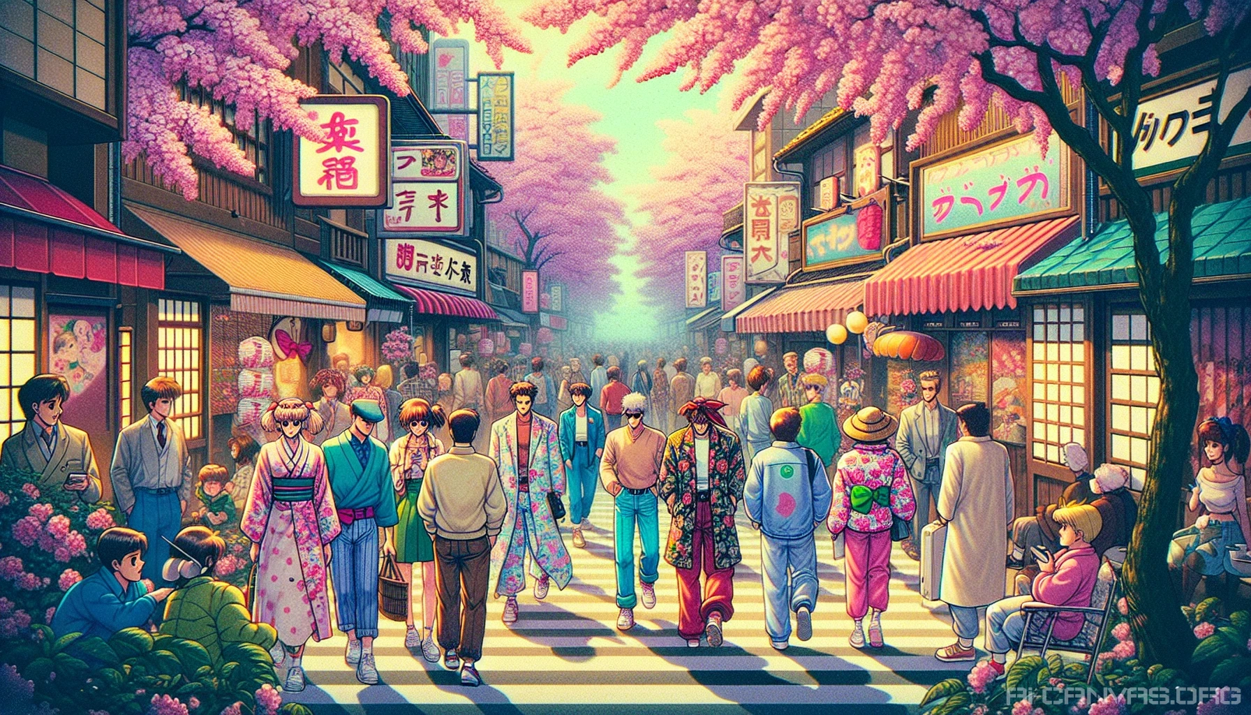 Dive into a nostalgic world where vibrant colors and iconic characters come alive in a vintage anime style, enriched with a soft film grain effect. Picture a lively street scene, featuring quirky characters adorned in 80s fashion, framed by a backdrop of cherry blossoms. The texture of the film grain enhances the dreamlike quality, evoking memories of classic animations while inviting viewers into a whimsical, retro universe.