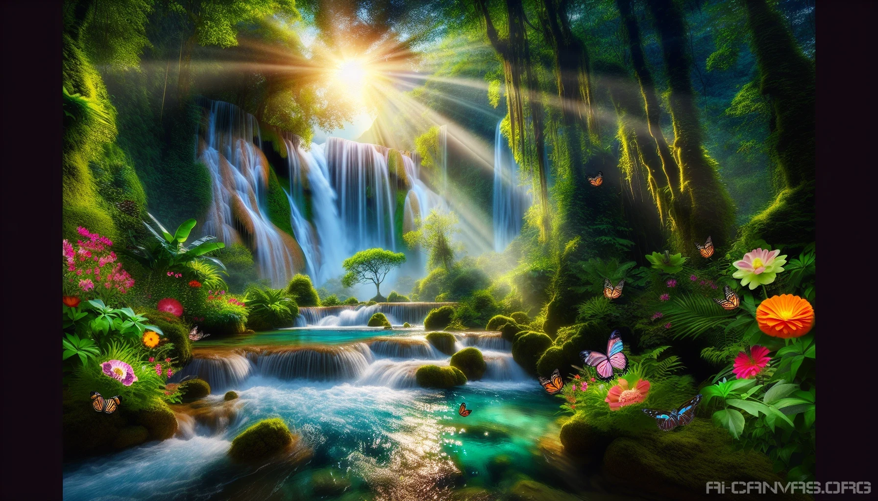 Immerse yourself in a mystical scene featuring a majestic waterfall cascading down iridescent rocks, surrounded by lush, vibrant greenery. Sunlight filters through the dense canopy, creating a magical glow that dances upon the water's surface. Exotic flowers bloom in radiant colors, while delicate butterflies flit about, adding to the enchanting atmosphere. This harmonious oasis invites you to experience the tranquility and beauty of nature at its finest.