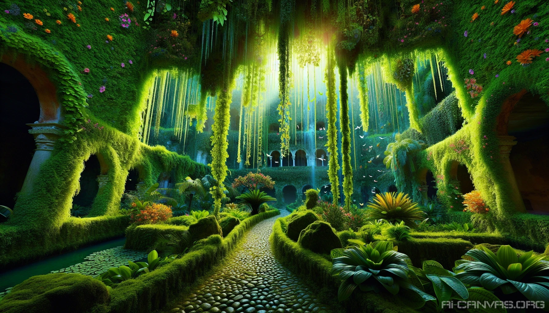 Imagine a mesmerizing scene featuring the Lush Hanging Gardens, where cascading vines and vibrant blossoms intertwine with stone pathways. Sunlight filters through the greenery, casting dappled shadows onto ancient ruins below. Exotic birds flutter between the blossoms, while a gentle waterfall flows, creating a serene symphony of nature. This vibrant oasis encapsulates beauty, tranquility, and the harmony of life, inviting all who gaze upon it to explore its depths.
