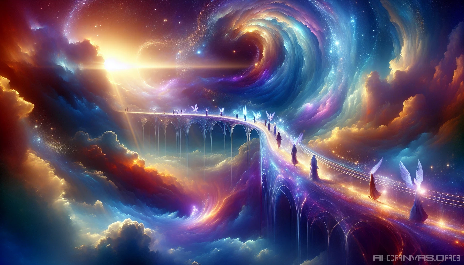 Imagine a breathtaking sky bridge made of shimmering light, arching gracefully through a swirl of vibrant, iridescent clouds. The atmosphere glows with hues of purple, blue, and gold, while soft beams of sunlight filter through. Ethereal figures walk along the bridge, their silhouettes blending with the celestial background, creating a dreamlike scene that captures the essence of serenity and wonder in a fantastical realm.