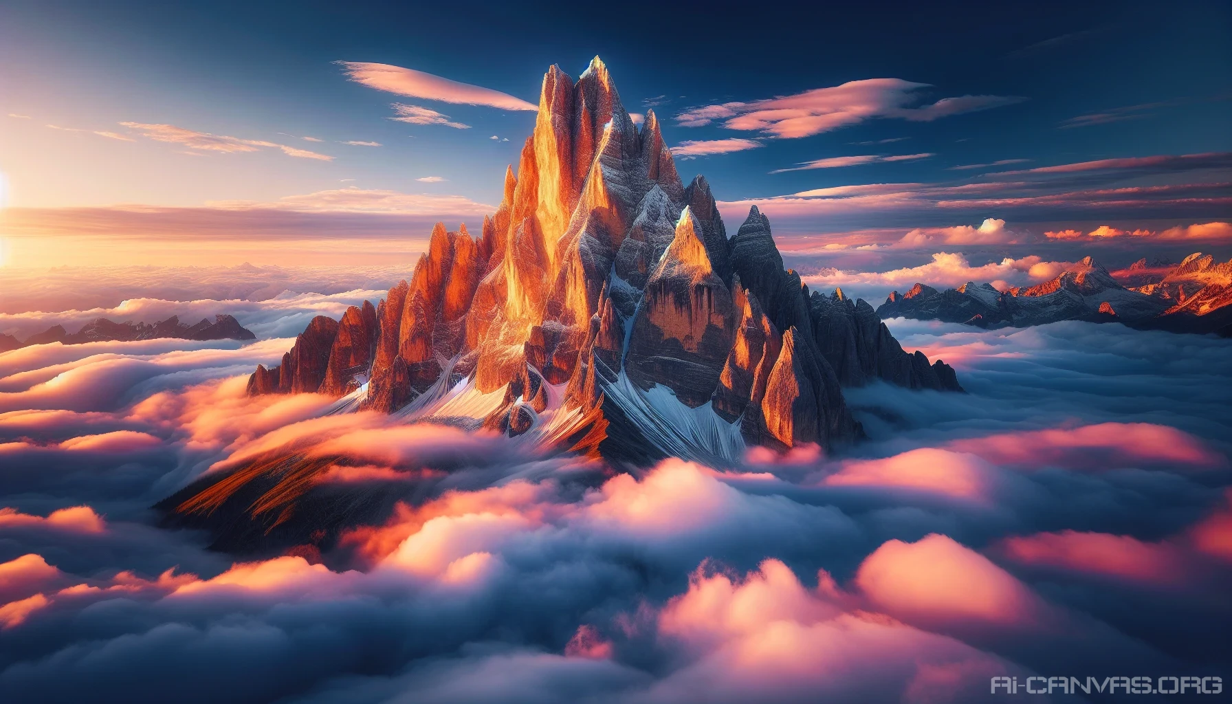 Picture a majestic mountain peak soaring above a sea of fluffy, white clouds, bathed in the warm, golden light of dawn. The rocky summit, capped with glistening snow, pierces the sky, while the clouds below swirl in soft, billowy forms, reflecting hues of pink and orange. A few wispy tendrils of mist rise to kiss the mountain’s base, creating an ethereal atmosphere, inviting exploration and wonder.