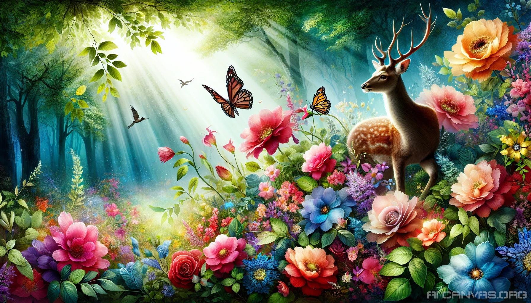 Create a stunning image that beautifully intertwines vibrant flora and elegant fauna. Imagine a lush forest scene where colorful flowers bloom alongside graceful animals, such as a deer gently grazing or a butterfly delicately perched on a petal. The sunlight filters through a canopy of leaves, casting dappled shadows, while a gentle breeze rustles the foliage, bringing the serene beauty of nature to life.