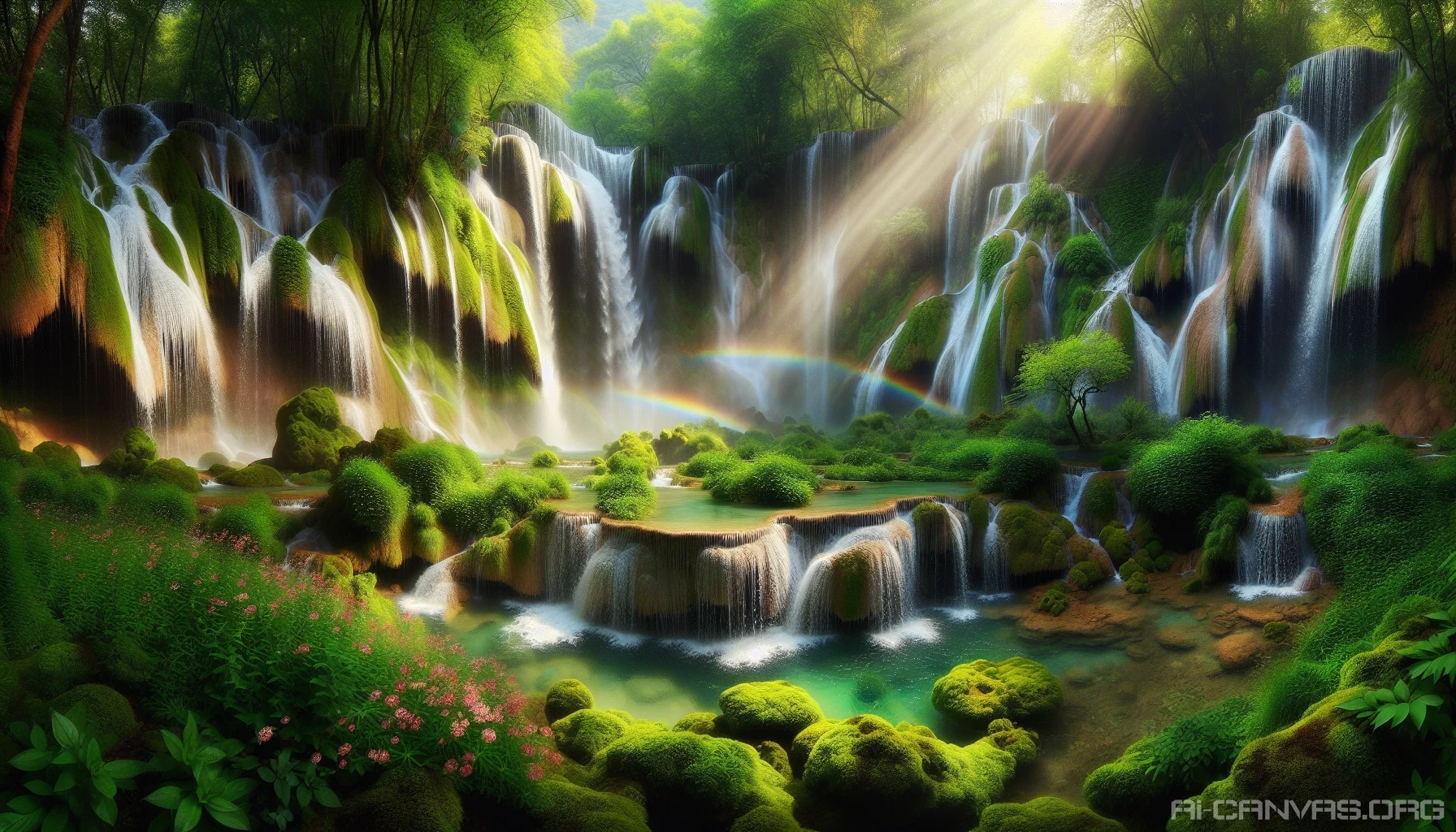 Imagine a breathtaking landscape where enchanting waterfalls cascade gracefully over moss-covered rocks, surrounded by lush green foliage. Sunlight filters through a canopy of vibrant leaves, casting playful reflections on the crystal-clear water below. Delicate wildflowers bloom at the water's edge, while the soft sound of rushing water creates a calming ambiance. A rainbow arcs through the mist, adding a touch of magic to this serene paradise.