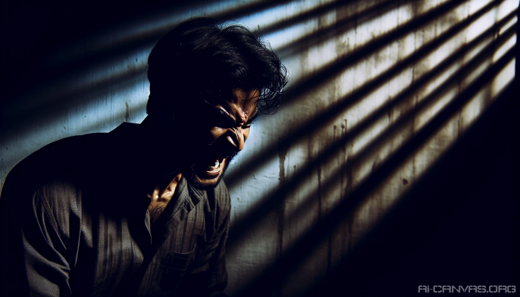 Capture the intense moment of an emotional outburst, where anger radiates from a figure surrounded by contrasting dramatic lighting. The scene is set in a dimly lit room, with stark shadows dancing across the walls. The subject's face contorts in rage, illuminated by sharp beams of light, emphasizing raw emotion. The atmosphere is charged with tension, inviting viewers to feel the tumult and chaos that accompanies the fury.