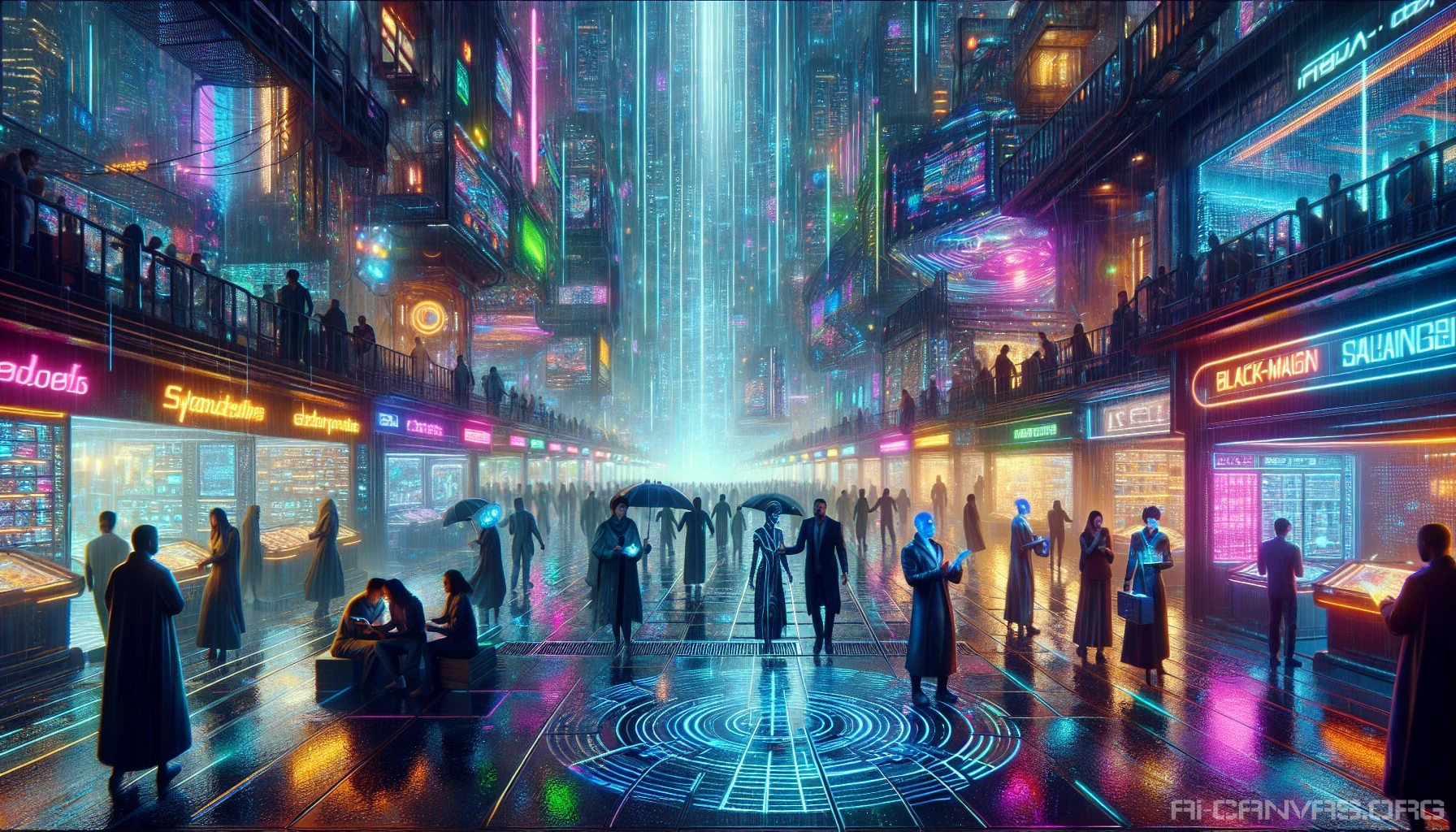 Step into a vibrant underground market alive with the hum of digital transactions and the glow of neon holograms. Vendors showcase stunning black-market cybernetics amid a chaotic atmosphere, where rain drips onto slick floors, reflecting the vivid colors. A thrumming pulse of music fills the air as shadowy figures haggle over the latest enhancements, weaving through a labyrinth of high-tech wonders and urban grit.