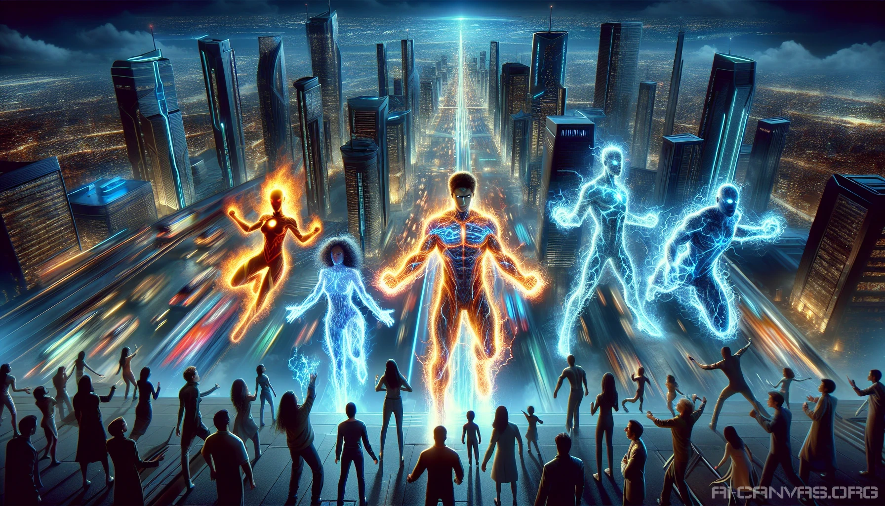 In a sprawling metropolis bathed in neon lights and towering skyscrapers, a diverse team of superheroes stands united, each radiating unique powers. The air hums with energy as they prepare for a high-stakes mission. Below, citizens gaze up in awe at their protectors, while hover cars zip by overhead. This vibrant scene captures the essence of hope, strength, and the fight against looming darkness.