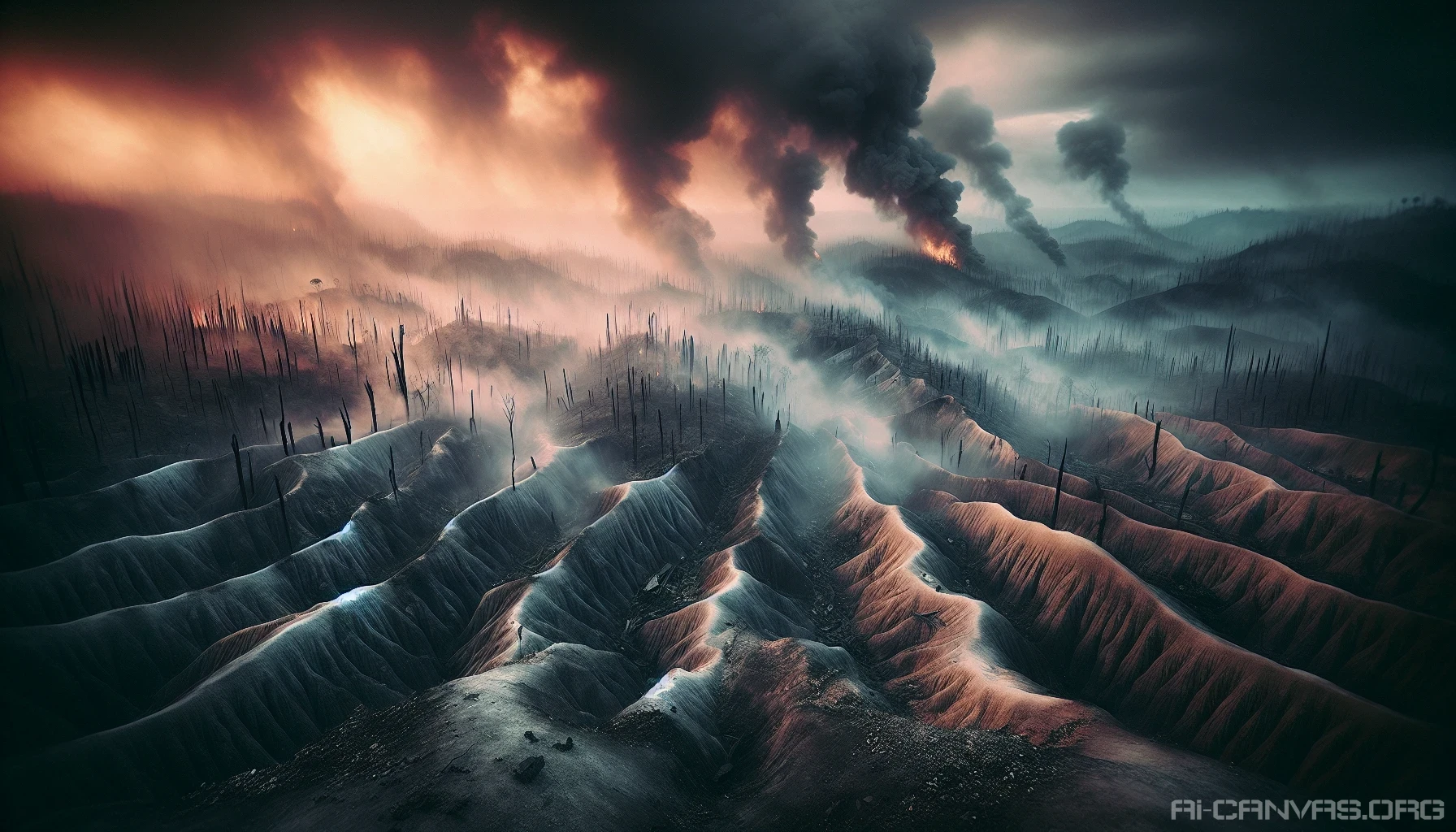 Visualize a haunting landscape where charred earth meets the remnants of an explosion. Dark, cracked soil stretches underfoot, interspersed with twisted metal and shattered glass, remnants of destruction. Dense smoke swirls through the air, tinted with orange and gray hues, while ghostly silhouettes of abandoned structures loom in the background. The scene captures a powerful contrast between devastation and the stark beauty of nature reclaiming its space.