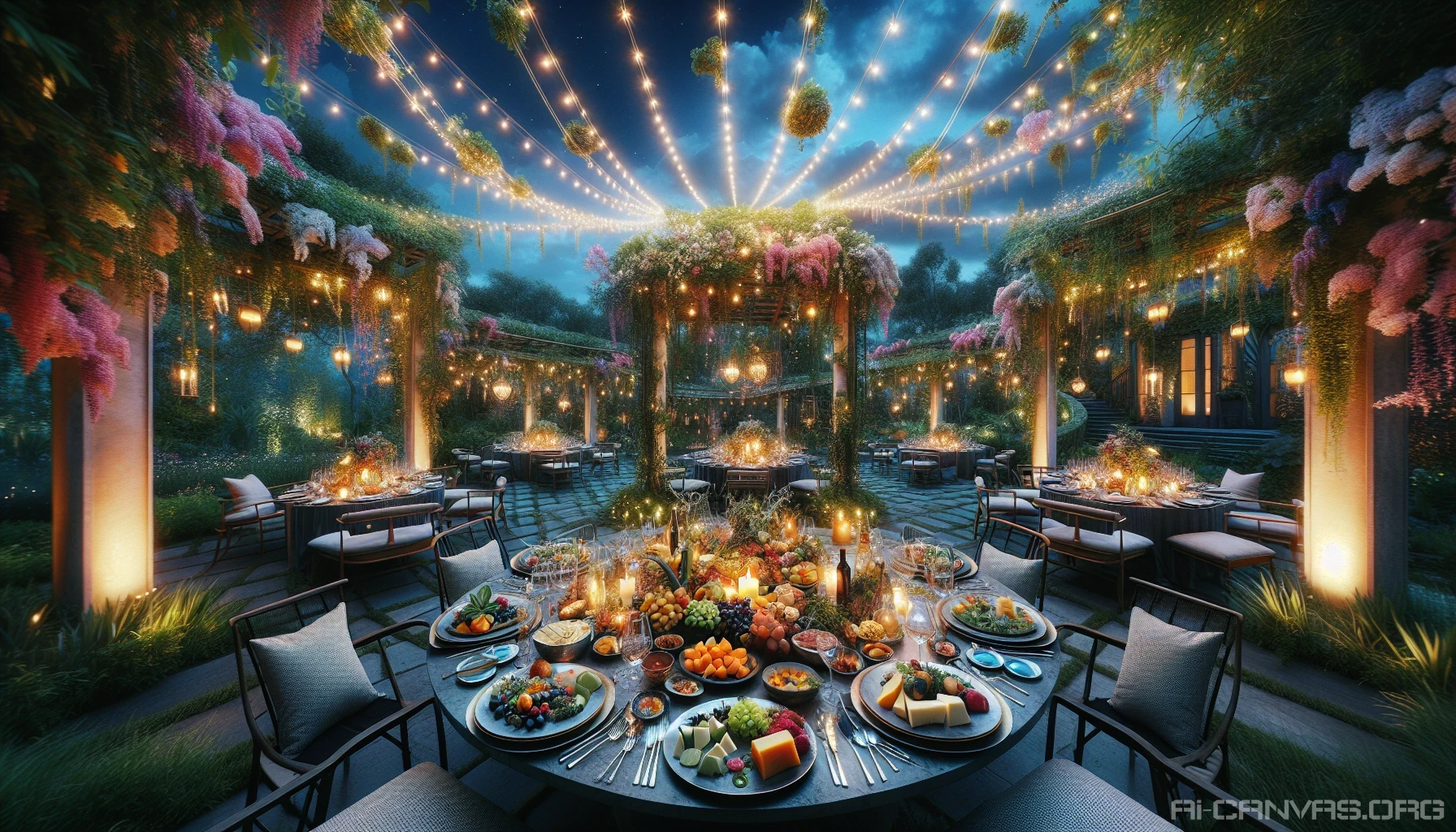 Imagine a vibrant dining scene set in an enchanting outdoor garden. Elegantly set tables are adorned with exquisite dishes featuring colorful fruits, gourmet cheeses, and delicately plated entrees. Strings of fairy lights twinkle overhead, adding warmth to the twilight sky. A backdrop of lush greenery and blooming flowers enhances the atmosphere, inviting guests to indulge in a delightful culinary experience under the stars.