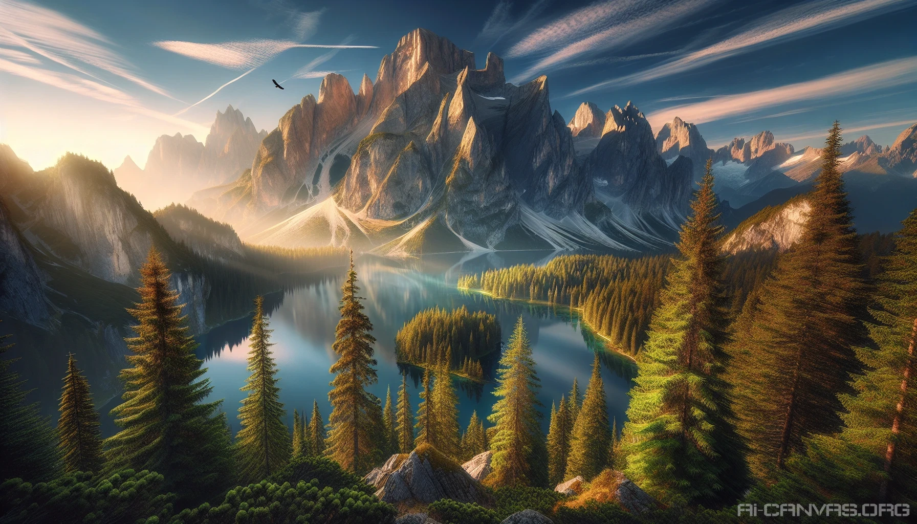 In this breathtaking image, a majestic mountain range rises under a clear blue sky, reflecting the shimmering sunlight. Towering evergreens frame the foreground, their vibrant green needles contrasting with the rocky cliffs above. A crystal-clear lake mirrors the peaks, adding a serene touch to the scene. A solitary eagle soars overhead, embodying freedom and the untamed spirit of nature, while wisps of clouds dance gently across the horizon.