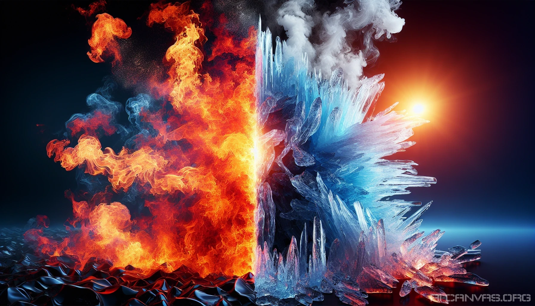 Visualize a breathtaking scene where fire and ice collide in a stunning display of contrast. On one side, vibrant flames dance and flicker, casting a warm glow against the cool, crystalline formations of ice on the opposite. The steam rises from their interaction, creating a mystical atmosphere. Rich colors of red and orange intertwine with shades of blue and white, illustrating the stark beauty of conflict.