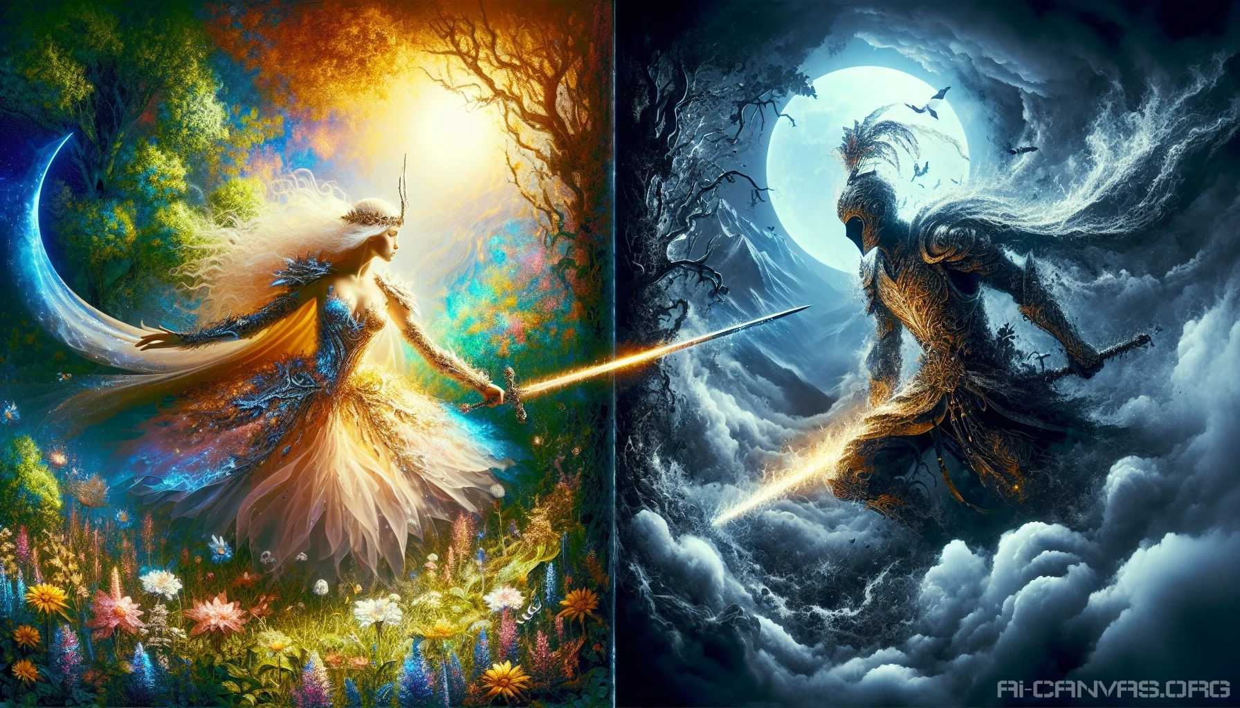 Imagine a striking scene where light meets shadow in an epic confrontation. One side showcases a vibrant, sunlit field teeming with life, vivid colors bursting forth in flowers and green grass. The opposite side is a dark, stormy landscape, choked by twisted trees and swirling shadows. At the center, a fierce struggle unfolds between a warrior of light and a dark sorcerer, embodying the essence of conflict and contrast.