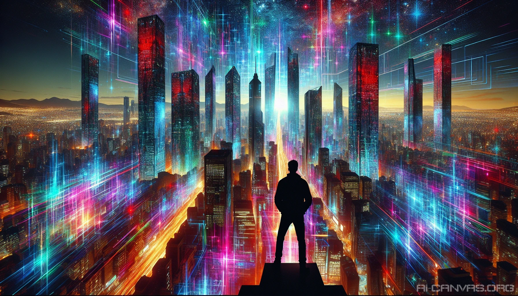 A stunning urban rooftop scene, bathed in the electric hues of a futuristic city. Glimmering glass towers reflect vibrant neon lights, creating an atmosphere of wonder and technological marvel. A lone figure stands at the edge, silhouetted against a mesmerizing digital sky filled with animated patterns and colors, gazing thoughtfully at the sprawling metropolis below, inviting viewers into a world where reality blends with imagination.