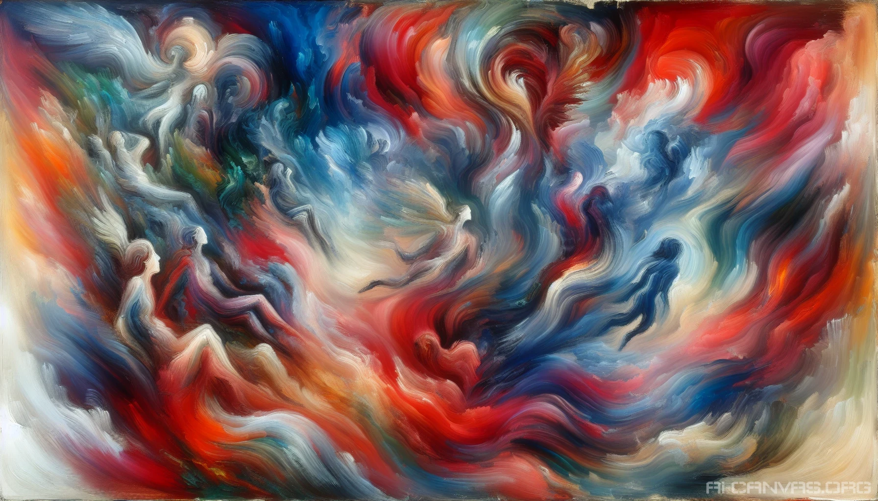 Dive into a world of raw emotion and vivid colors, where swirling brushstrokes intertwine to create a mesmerizing depiction of human experiences. Imagine a dreamscape filled with distorted figures, vibrant hues of crimson and azure, and pulsating forms that suggest movement and depth. This composition captures the essence of longing and passion, inviting viewers to immerse themselves in the chaotic beauty of the Expressionist style.
