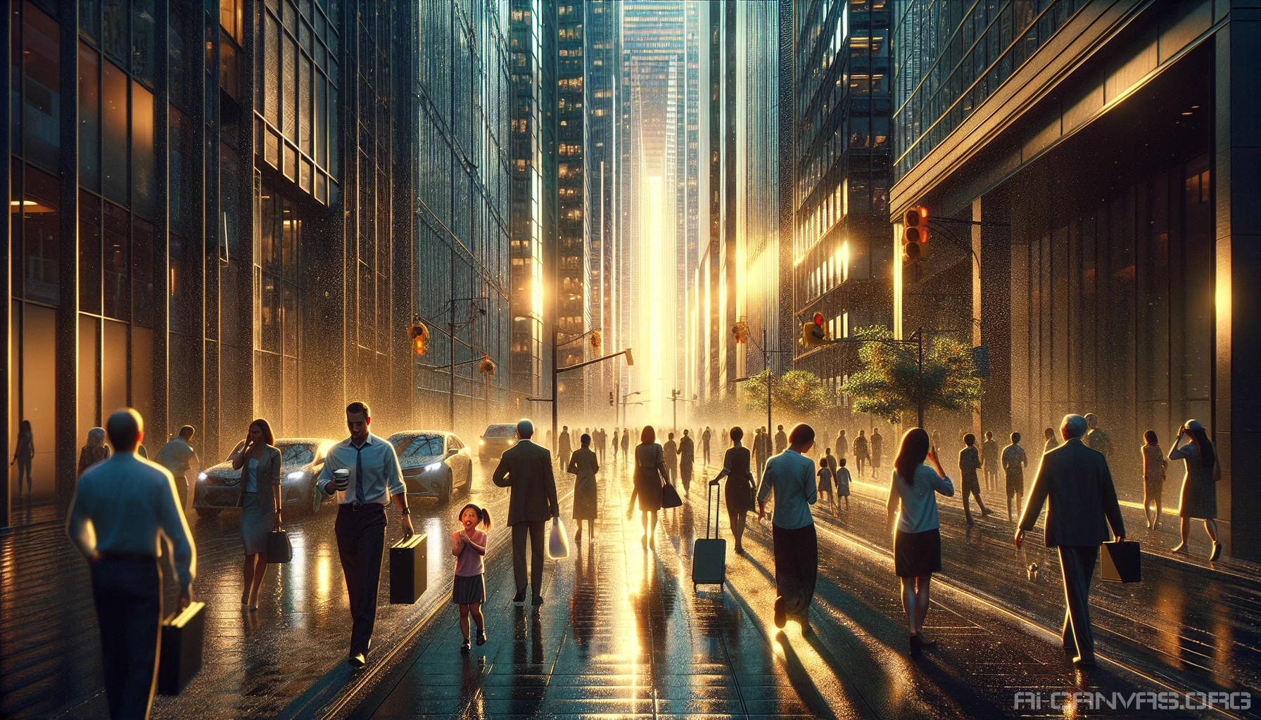 Capture a bustling city street at dawn, where the soft light of the rising sun reflects off glass skyscrapers and glistens on dew-kissed leaves. Each passerby, from a hurried businessman to a playful child, is rendered with meticulous detail, showcasing their emotions and stories. The contrast of shadows and light brings depth, immersing the viewer in the authentic energy of urban life.