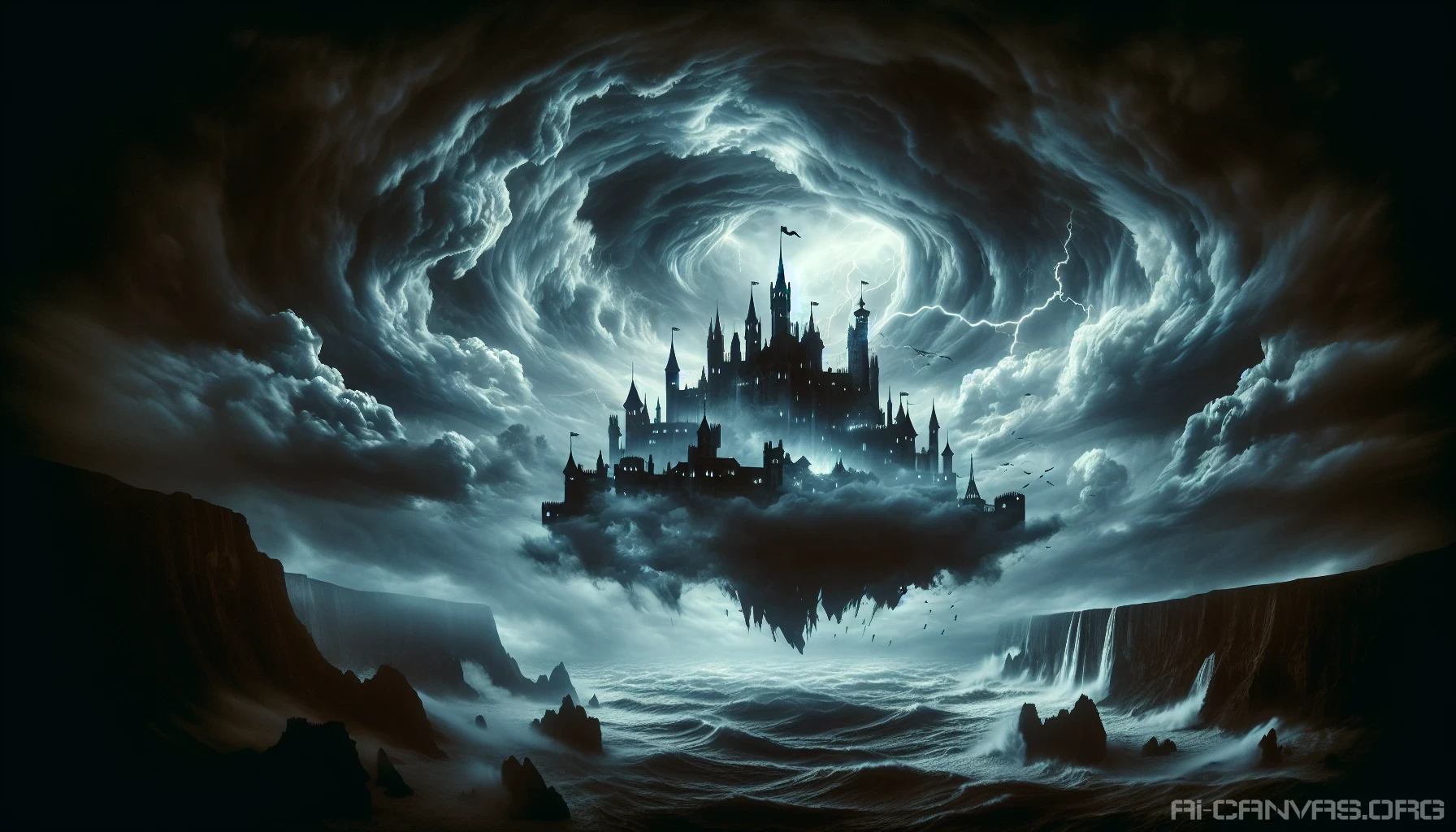 Picture a majestic castle, its spires and turrets silhouetted against a tempestuous sky. Dark, swirling clouds churn above, illuminated by flashes of lightning that reflect off the castle's stone walls. The surrounding winds whip through the air, creating a dramatic atmosphere of chaos. Below, turbulent waves crash against rocky cliffs, emphasizing the otherworldly essence of this floating fortress amidst nature's ferocity, evoking both awe and a sense of danger.