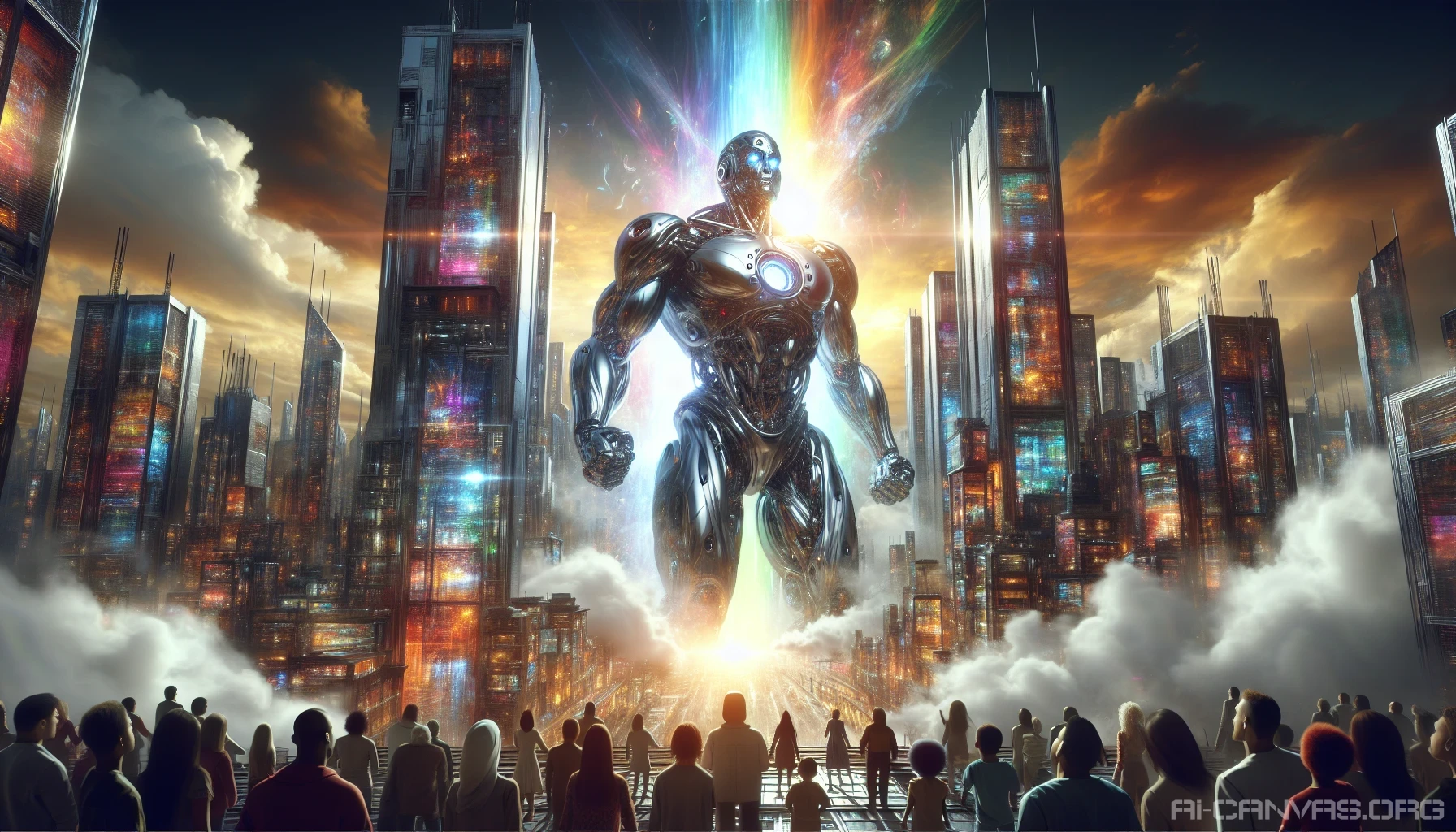 In a futuristic cityscape, a colossal robot towers over gleaming skyscrapers, its metallic body shimmering under the sun. With a fierce determination, it channels a vibrant energy beam from its core, illuminating the sky with an explosion of colors. Surrounding the mech, a crowd of awestruck onlookers gasps in admiration and fear, while clouds of debris swirl in the energy's wake, showcasing the sheer power and majesty of this mechanical giant.