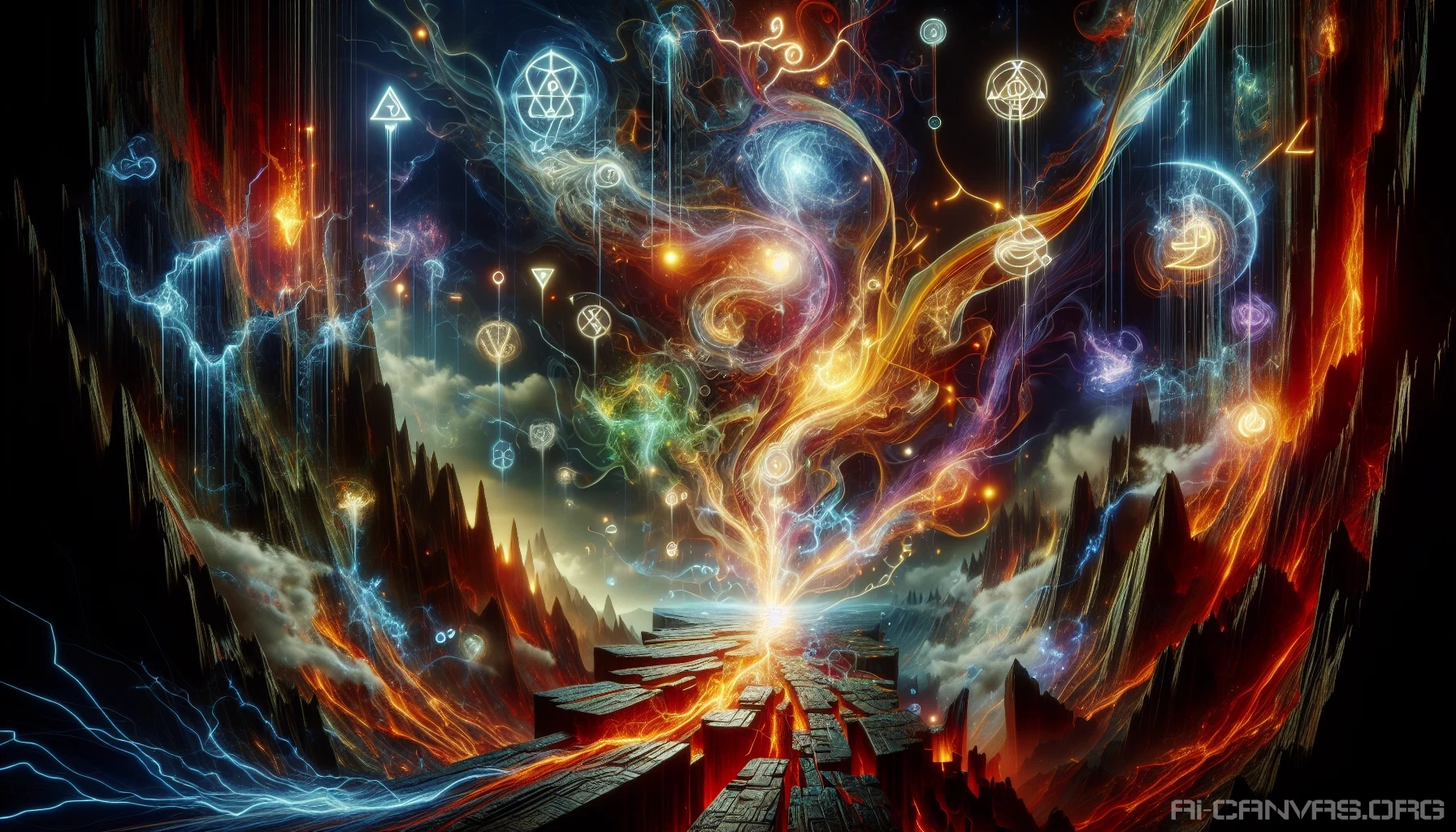 Visualize a dramatic scene where an ancient spell is unleashed, causing the ground to fracture and explode in a symphony of magical energy. Glowing runes shimmer in vibrant colors, illuminating the chaotic shards of earth that are propelled into the air. Wisps of ethereal light swirl around the cracks, creating a mystical atmosphere, as nature itself seems to react to the immense power being unleashed from below.