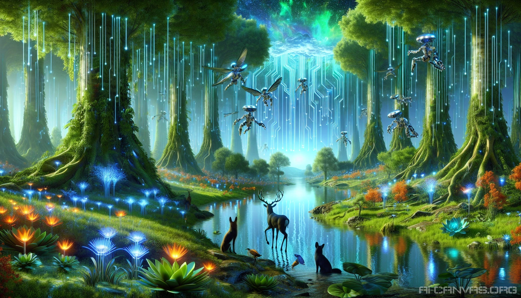 Imagine a breathtaking landscape where lush greenery intertwines with sleek, futuristic technology. Towering trees cradle glowing circuit pathways, while bioluminescent plants pulse with life amidst hovering drones. A serene river reflects holographic clouds above, merging natural beauty with cutting-edge innovation. Vibrant wildlife coexists with robotic companions, showcasing a world where technology enhances the wonders of nature, creating a captivating balance between the organic and the synthetic.