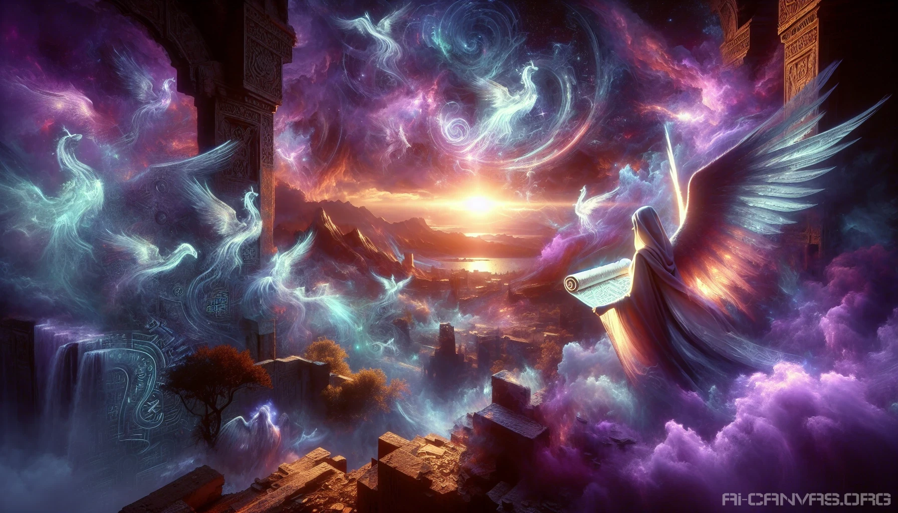 An ethereal landscape unfolds, where swirling galaxies intertwine with ancient ruins, casting shadows of archangels and mythical creatures. A brilliant figure stands in the forefront, holding a glowing scroll that illuminates the scene with divine light. The skies shimmer with vibrant hues of purples and blues, while whispers of forgotten prophecies echo through the air, inviting viewers to explore the mysteries of fate and revelation.